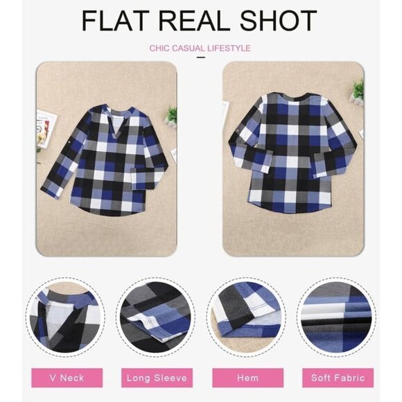 Women's Plaid Cuffed Long Sleeve Blouse V-Neck Casual Work Top S-3XL - Picture 5 of 5